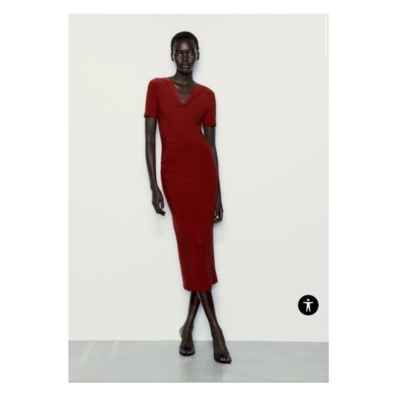 ZARA Burnt Orange Short Sleeve Ruched Bodycon Midi Cocktail Dress Small NWT - Picture 2 of 9